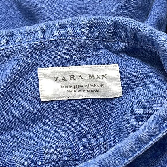 ZARA Button Up Shirt Mens Size M Blue Long Sleeves Minimalist DISCOLORATION - Picture 7 of 9